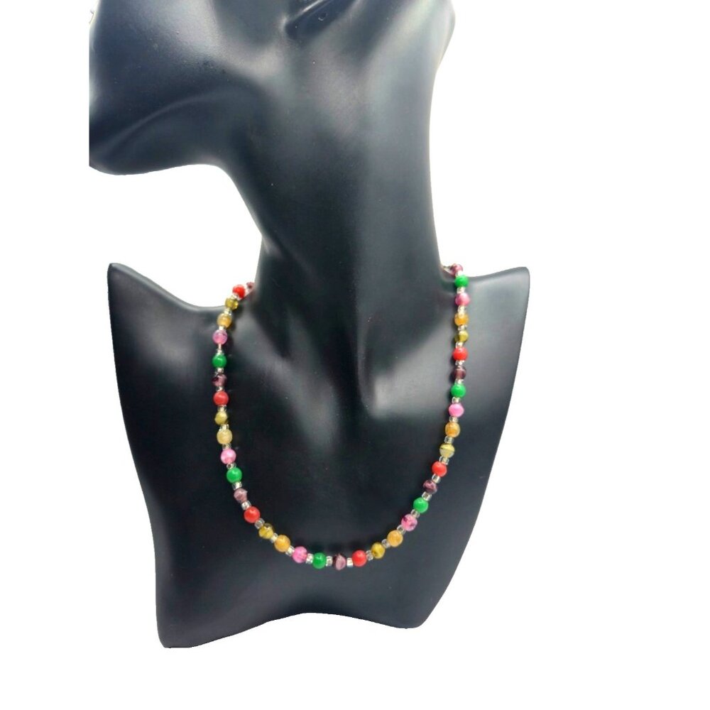 Hand Blown Lampwork Glass Bead Necklace Sterling Silver Clasp Colorful Vintage